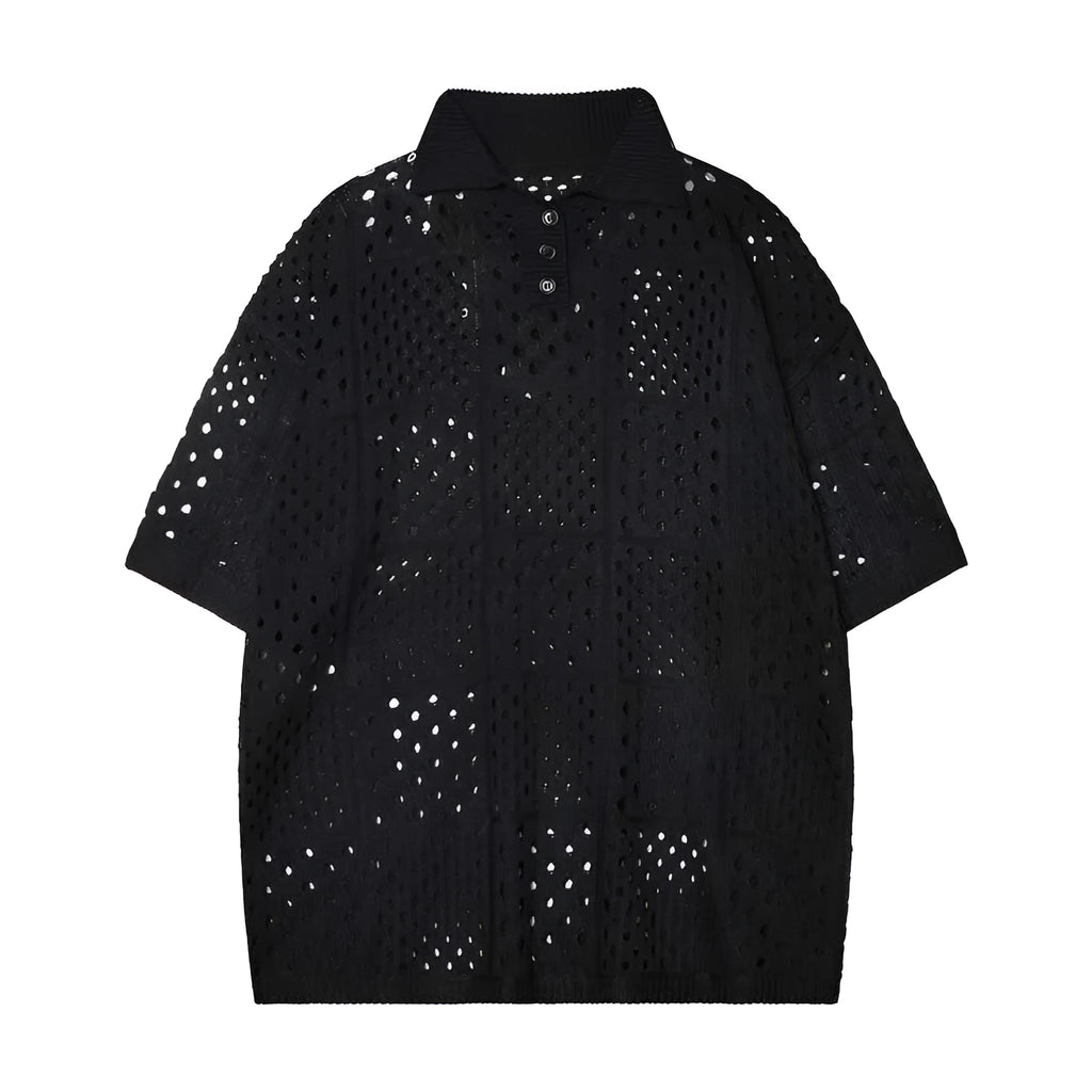 Teenager wearing black hollow knit polo shirt with loose cardigan style and short sleeves