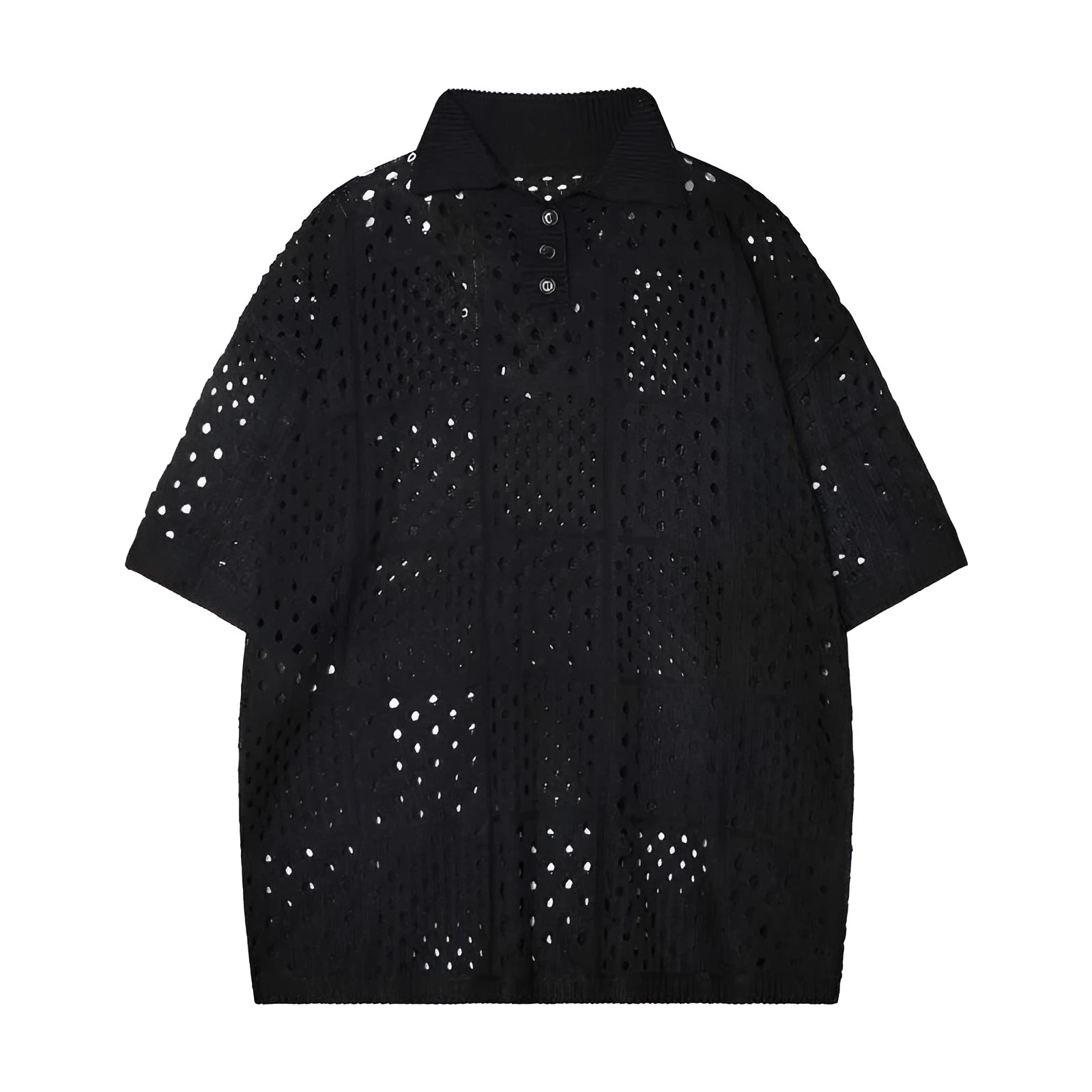 Teenager wearing black hollow knit polo shirt with loose cardigan style and short sleeves