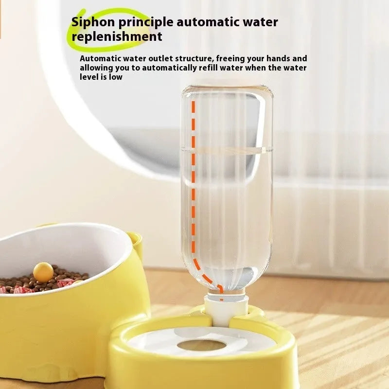 Automatic drinking pet fountain with two plastic food bowls in haze blue colour
