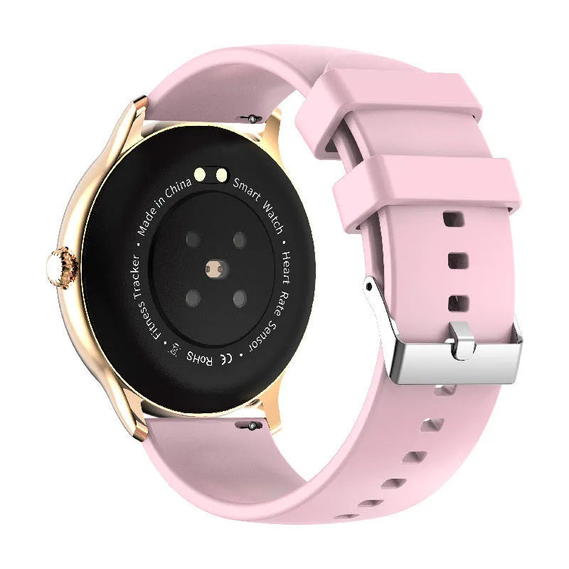 Black smart watch with blood pressure monitoring on a wrist, showing a 1.28-inch colour touchscreen display