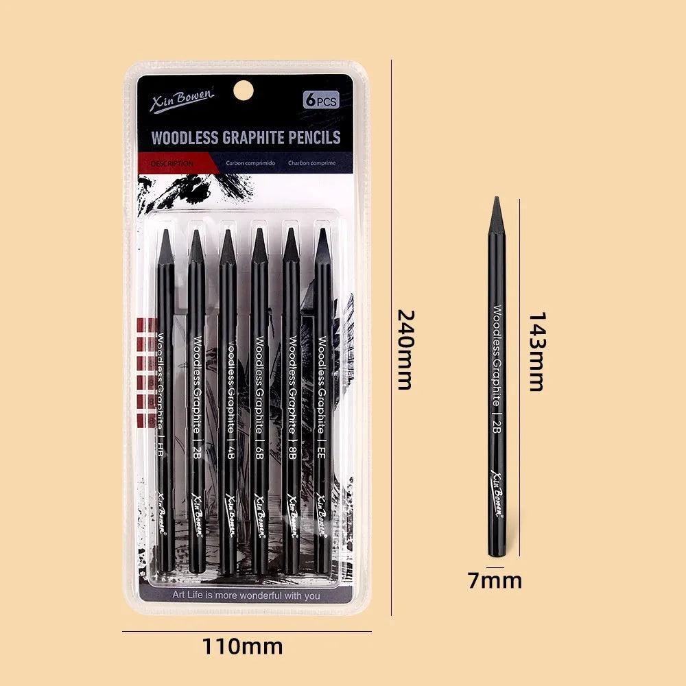 Set of six wood-free graphite sketching pencils with HB 2B 4B 6B 8B EE hardness grades