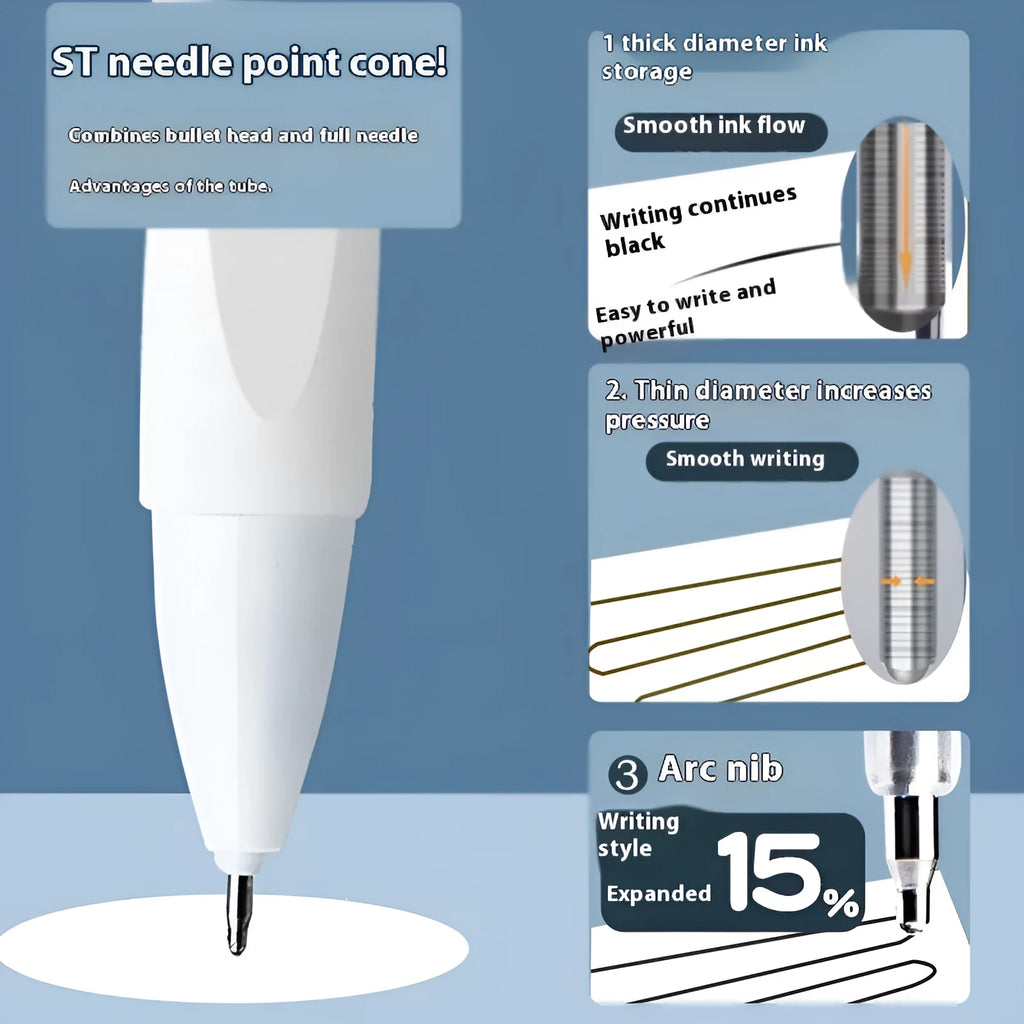 A 10-bag pack of quick-drying push bullet pen refills in black, blue, ink blue, and red colours.
