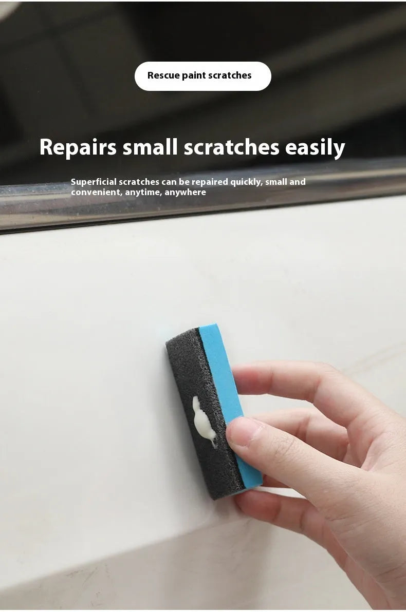 Car repair wax kit showing scratch removal A wax, polishing B wax, and a frosted sponge mop for DIY paint correction.
