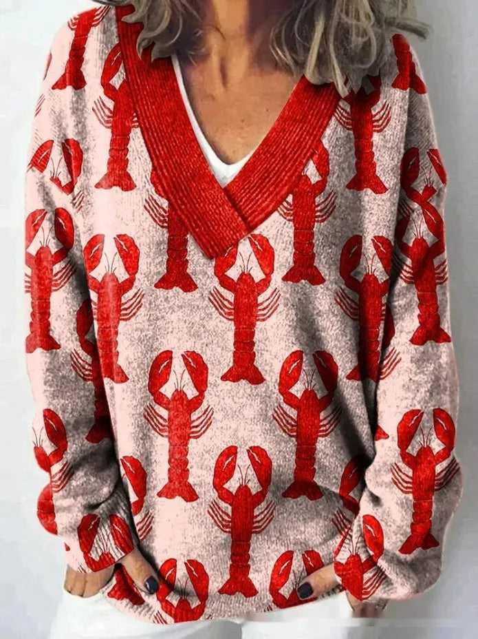 Women's V-neck sweatshirt with 3D floral printed pattern in art retro style