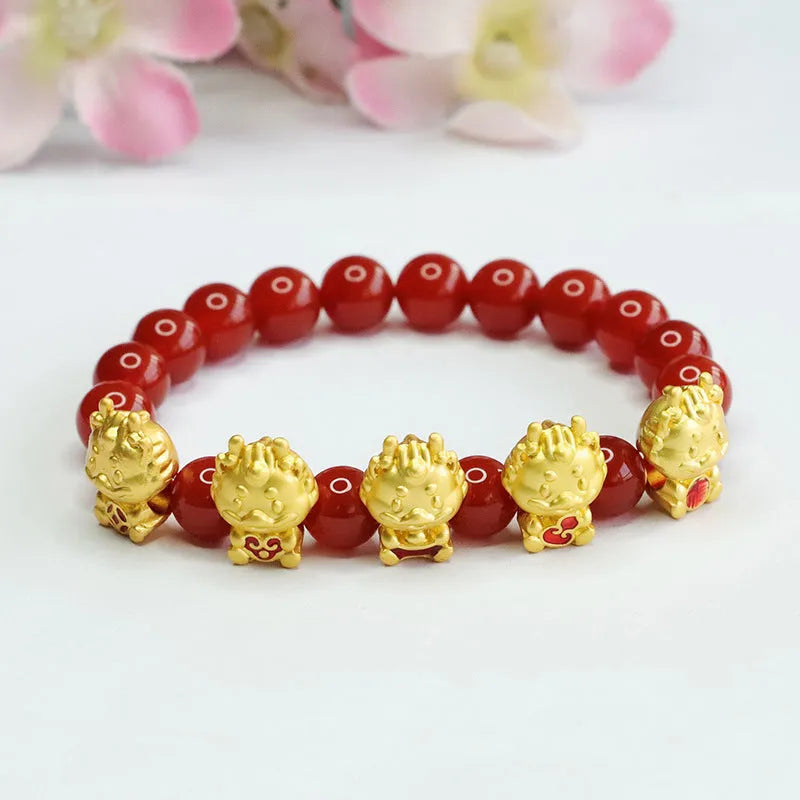 Red agate bracelet with carved Chinese dragon pattern on 8mm beads