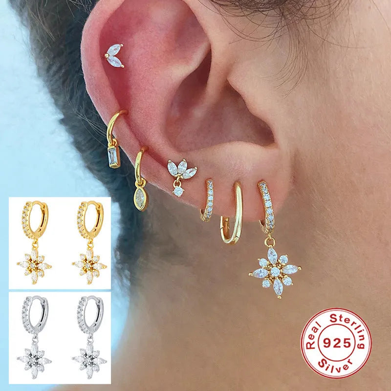 Sterling silver snowflake pendant earrings with gemstone accents in yellow gold or white gold colour options