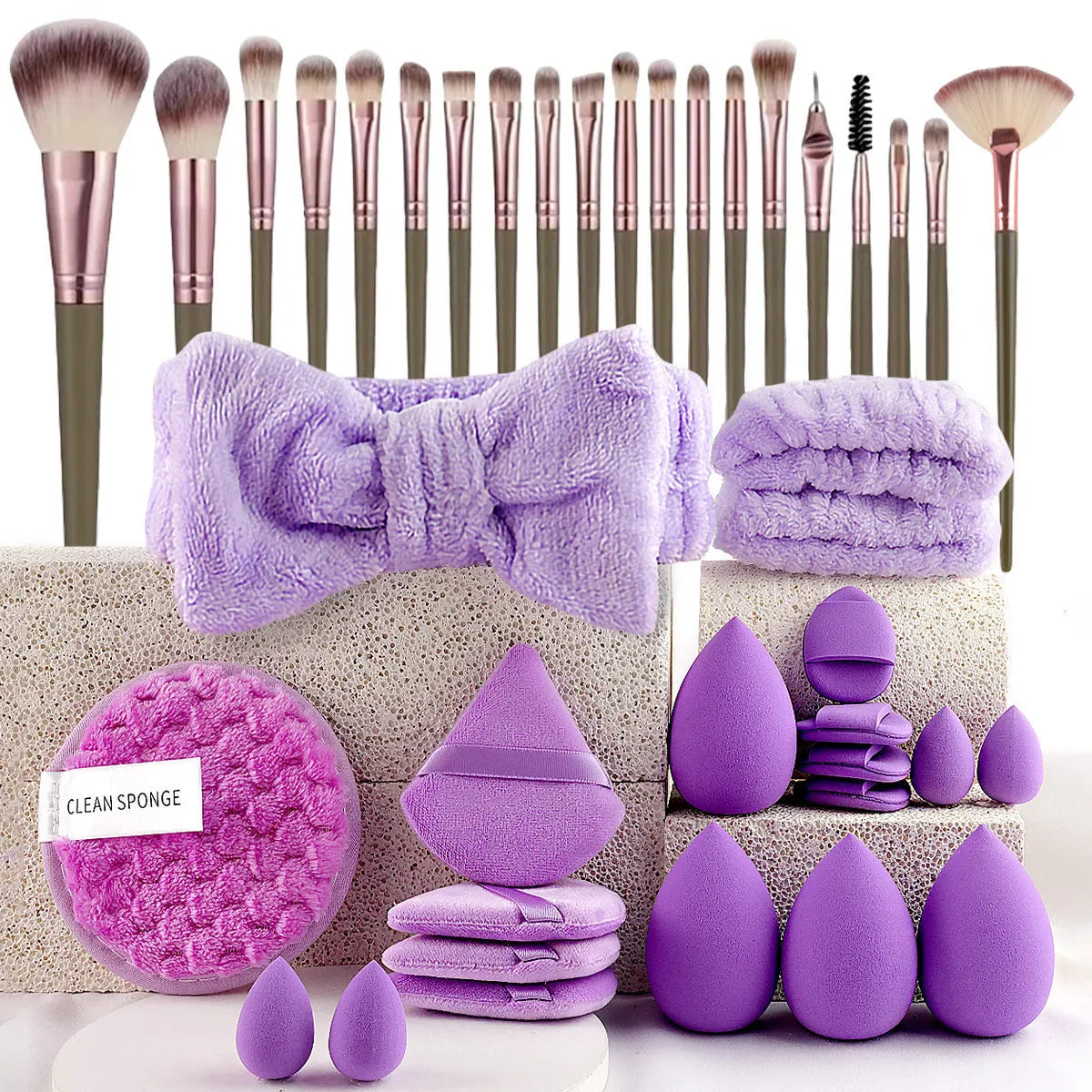 Beauty tools combination set with hydrophilic non-latex sponges in brown, pink and purple colour options