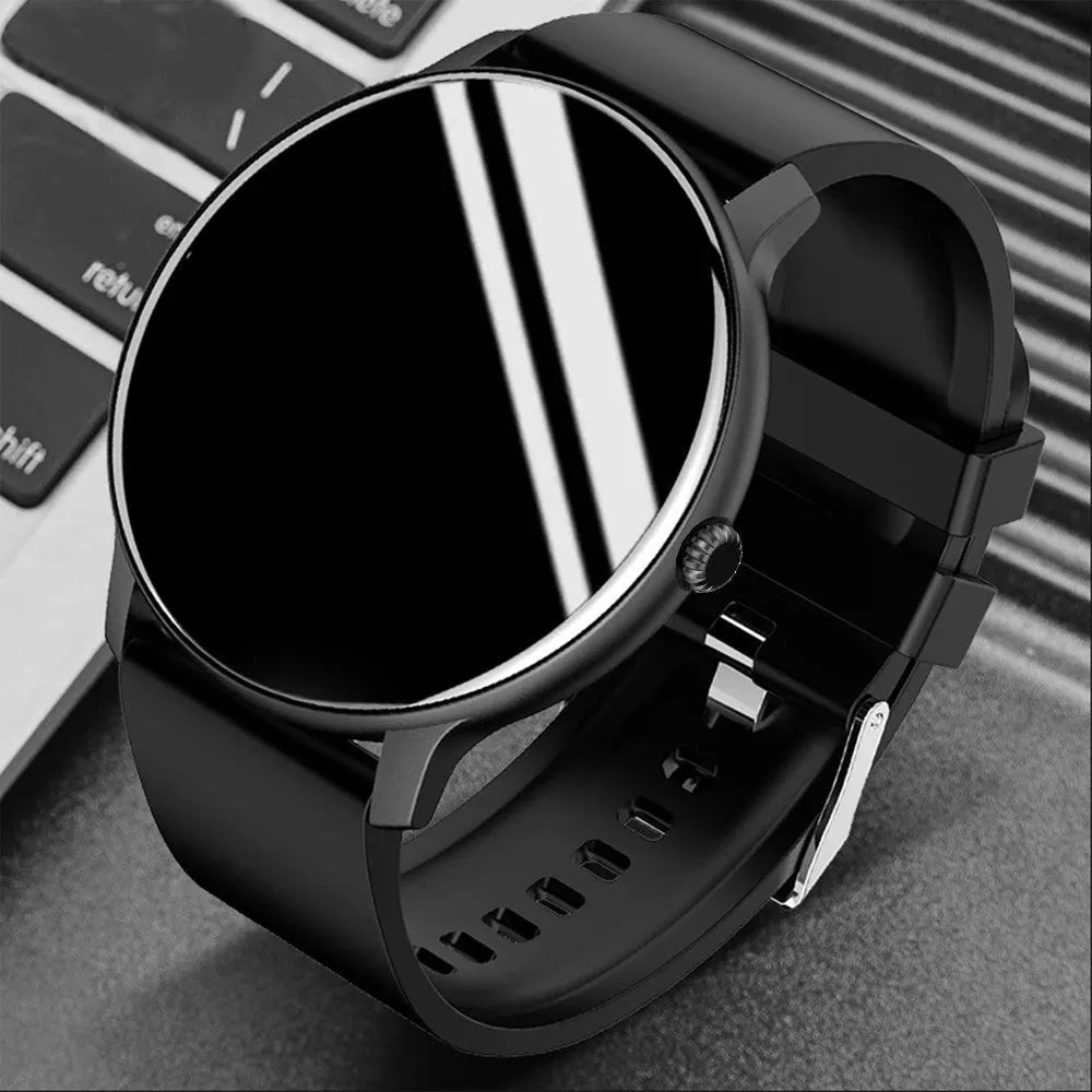 Black smart watch with blood pressure monitoring on a wrist, showing a 1.28-inch colour touchscreen display