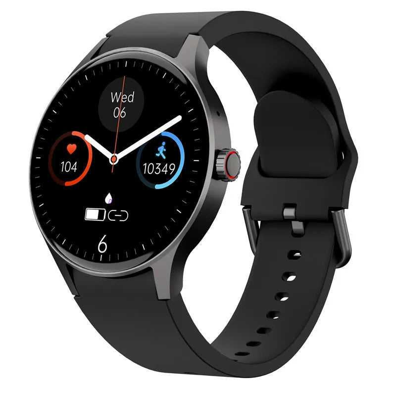 Bluetooth smart sport watch with round colour touch screen and IP68 waterproof rating in black, blue, pink, or red