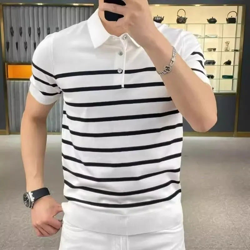 Black and white striped long-sleeve T-shirt with a lapel neckline on a hanger.