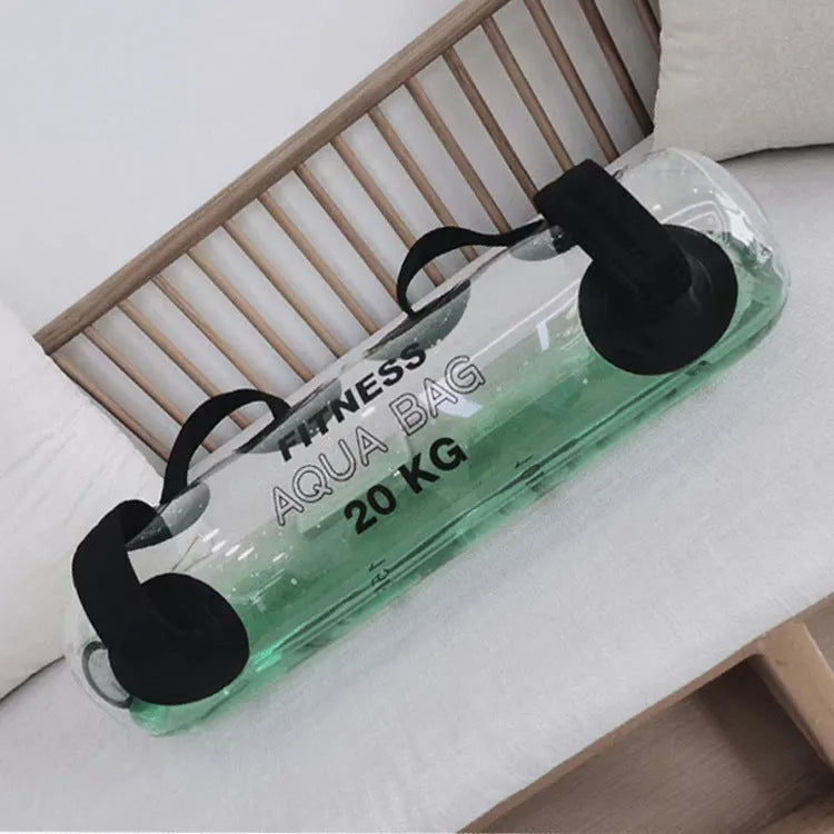 Transparent PVC water dumbbell training bag showing adjustable weight water injection system