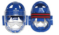 Karate helmet for boxing head protection shown in white, blue, and red colour options.