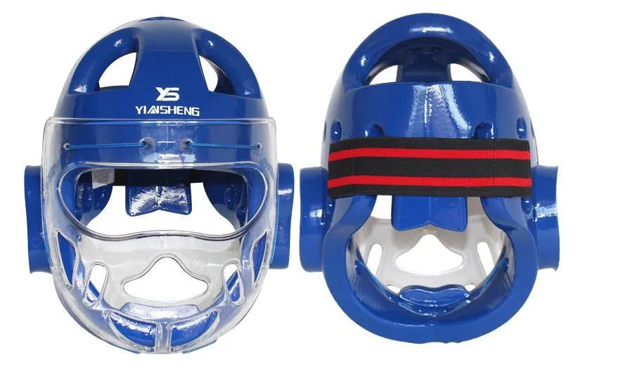 Karate helmet for boxing head protection shown in white, blue, and red colour options.