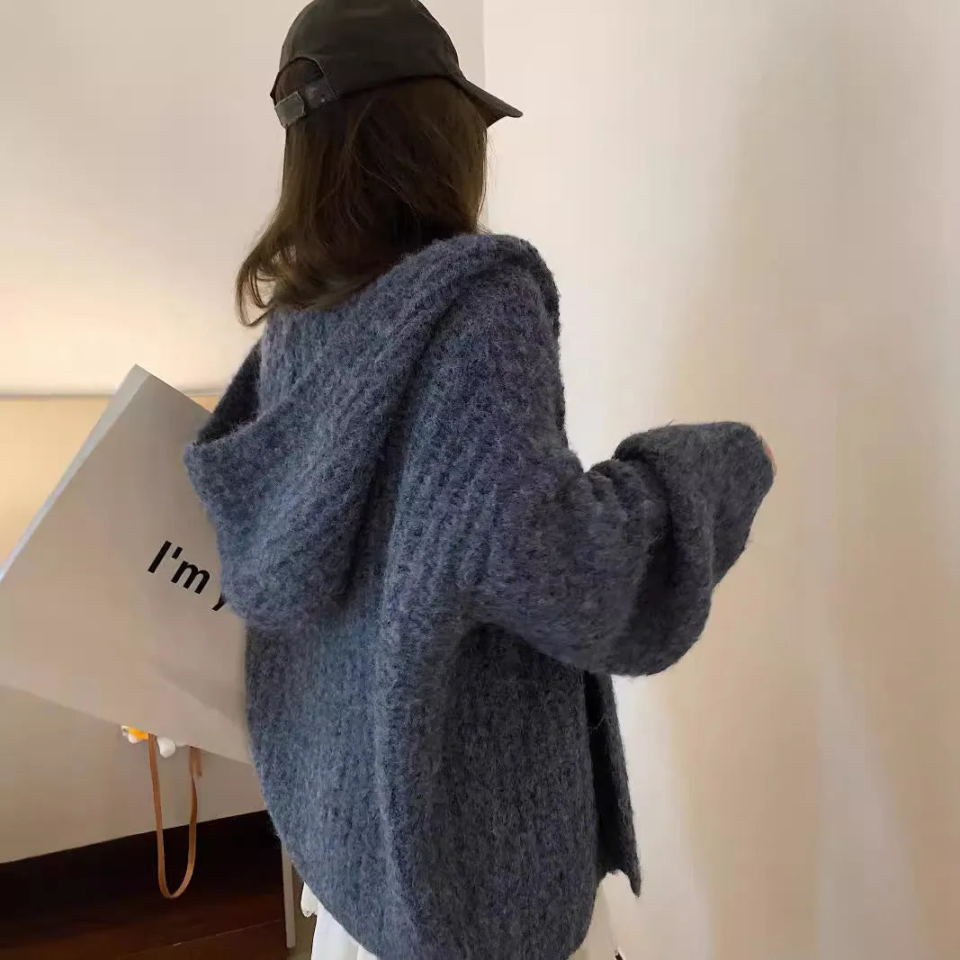 Women's retro Maillard hooded cardigan in thick acrylic fabric available in dark grey, brown and milky white colours
