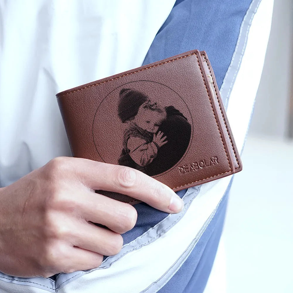 Men's leather wallet with zipper closure, individually packaged for gifting.