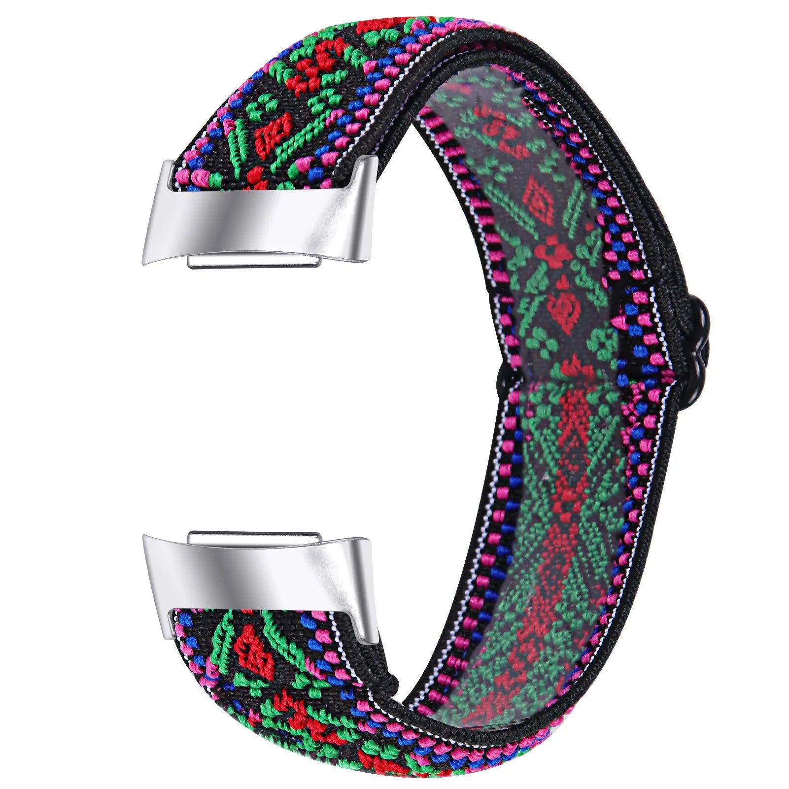 Printed elastic watch strap for Fitbit Charge 6 showing adjustable length and colourful pattern options