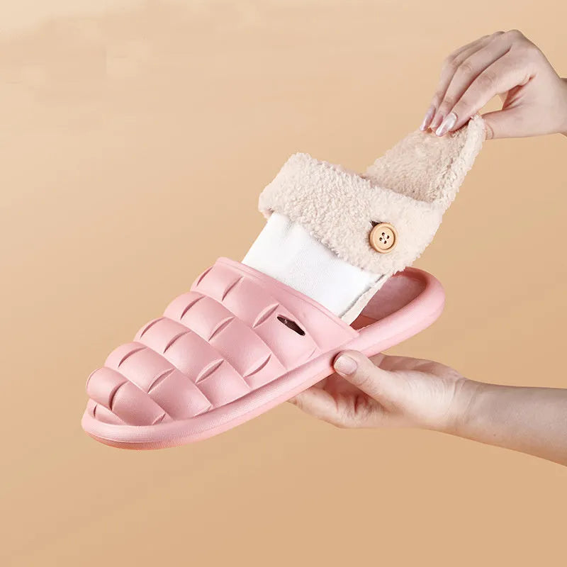 Plaid patterned detachable slippers with a warm plush lining and a textured EVA nonslip sole.