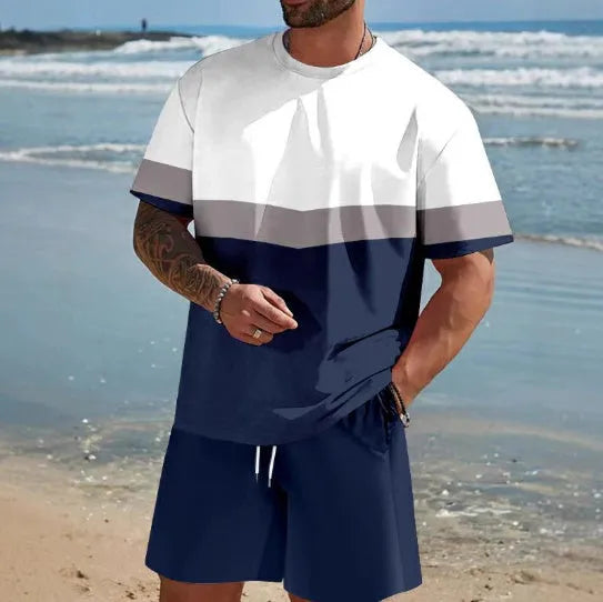 Men's loose-fitting polyester short-sleeved t-shirt and shorts set for summer leisure wear in multiple colour options
