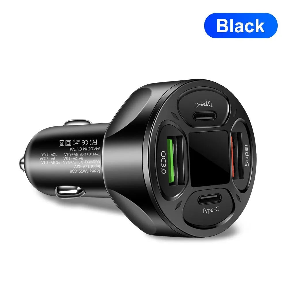 66W digital display car charger with 2 USB and 2 Type-C ports showing vehicle voltage on screen