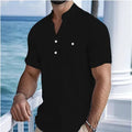 Men's linen stand collar short sleeve T-shirt in light blue solid colour loose fit