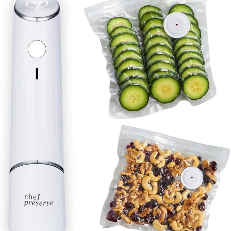 White USB electric suction pump and five 26x28 cm clear plastic vacuum bags for food storage