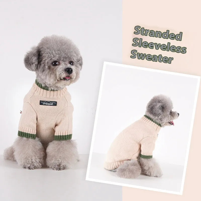 British-style wool pet sweater for dogs with contrasting leg panels in Crown Blue.