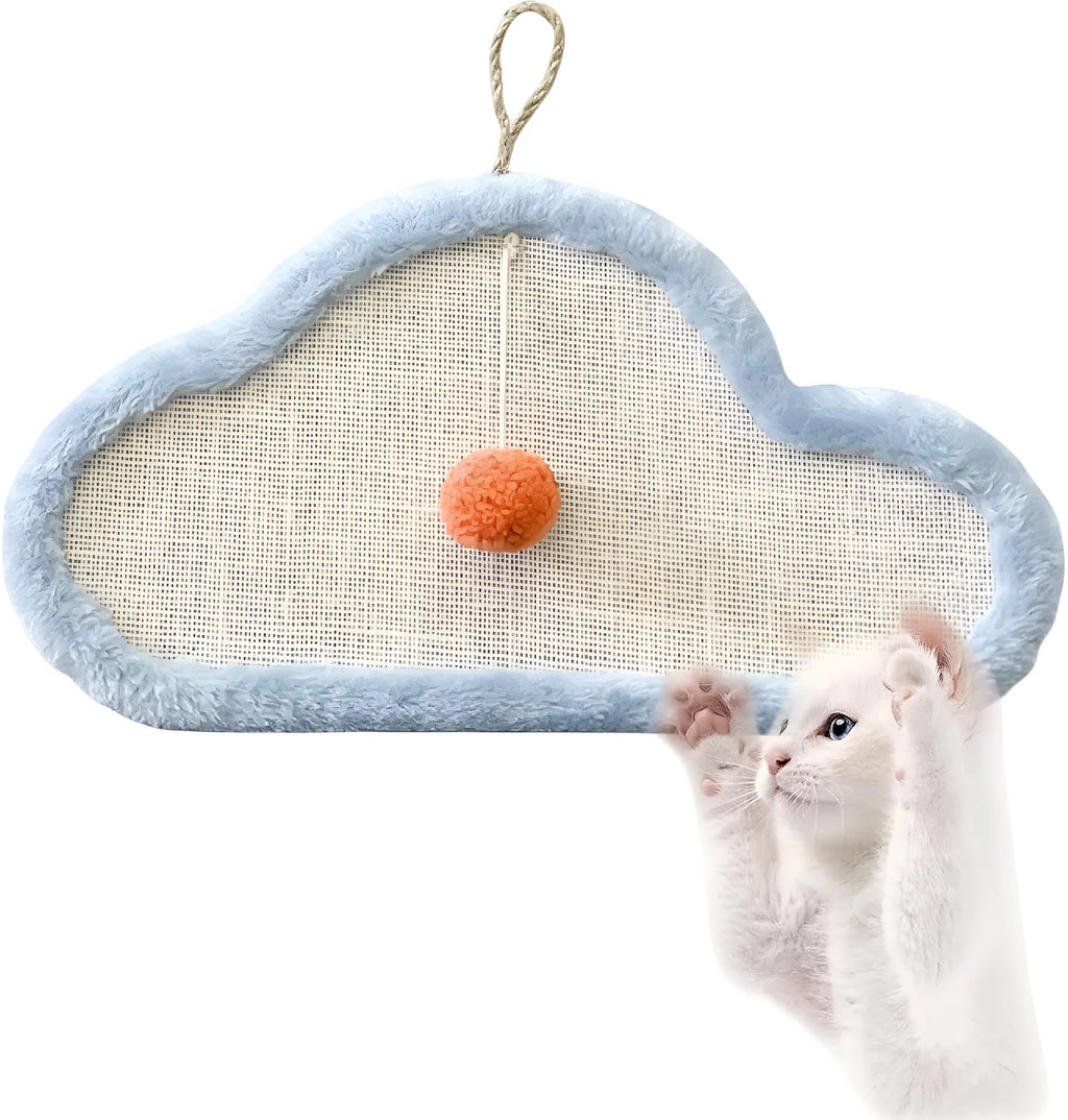 White wall mounted cat scratching mat with cartoon sleeping cat design made from natural sisal.