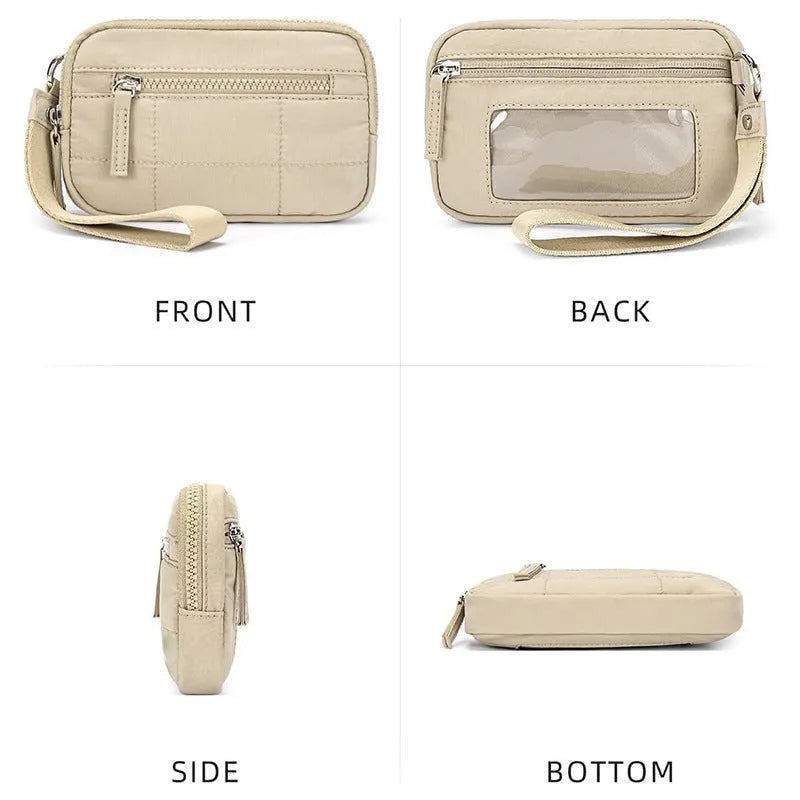 Waterproof quilted women's handbag with transparent deck compartment in nylon material