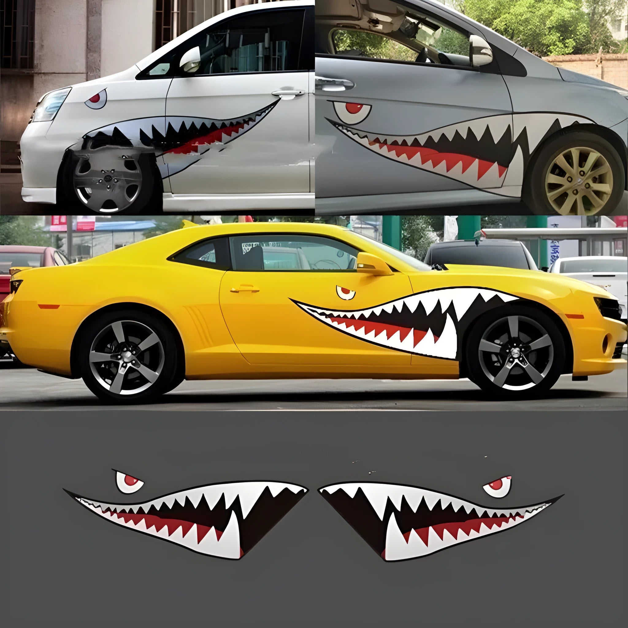 Large shark design PVC car body sticker showing two size options for vehicle doors