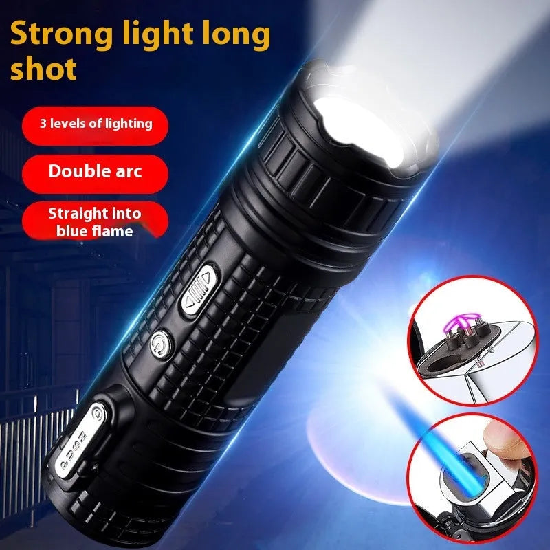 TH727 metal multifunctional flashlight lighter shown in camouflage, red, black, blue, and yellow colour options.