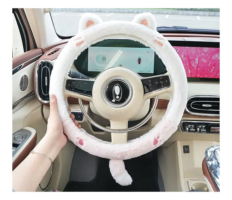 Rabbit fur winter steering wheel cover with cartoon embroidery in 38cm diameter