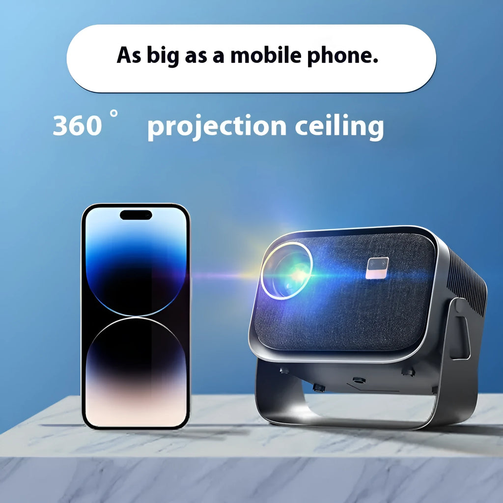 Portable Android smart home cinema projector with 1080p resolution and mobile phone screen mirroring capability.