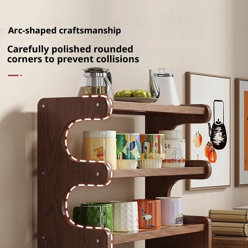 Multi-functional 4-layer desktop storage rack with arc cup holder in bamboo density plate, modern simplicity style