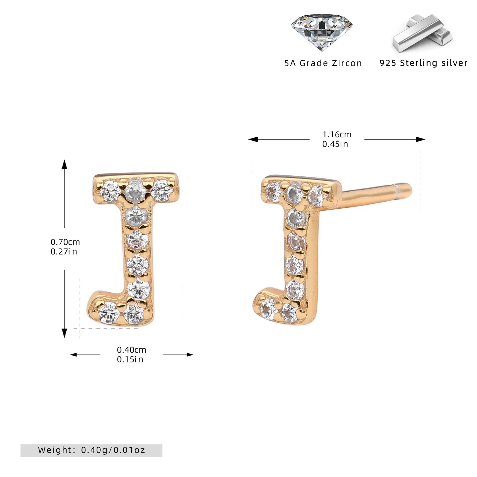 925 silver letter ear stud with electroplated gold finish, alphabet motif