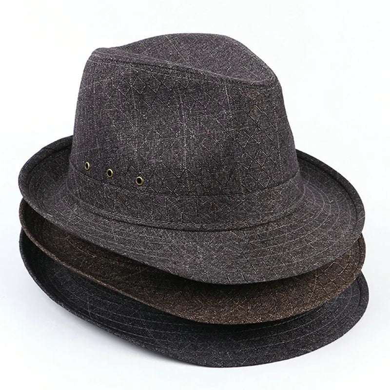 A thickened suit material fedora hat for men in sizes 57cm to 60cm, shown in a dark colour.
