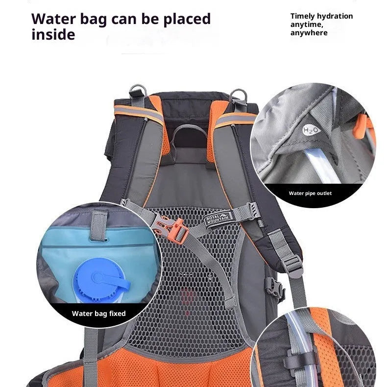 35L outdoor hiking backpack in black nylon with breathable back panel and SOS whistle