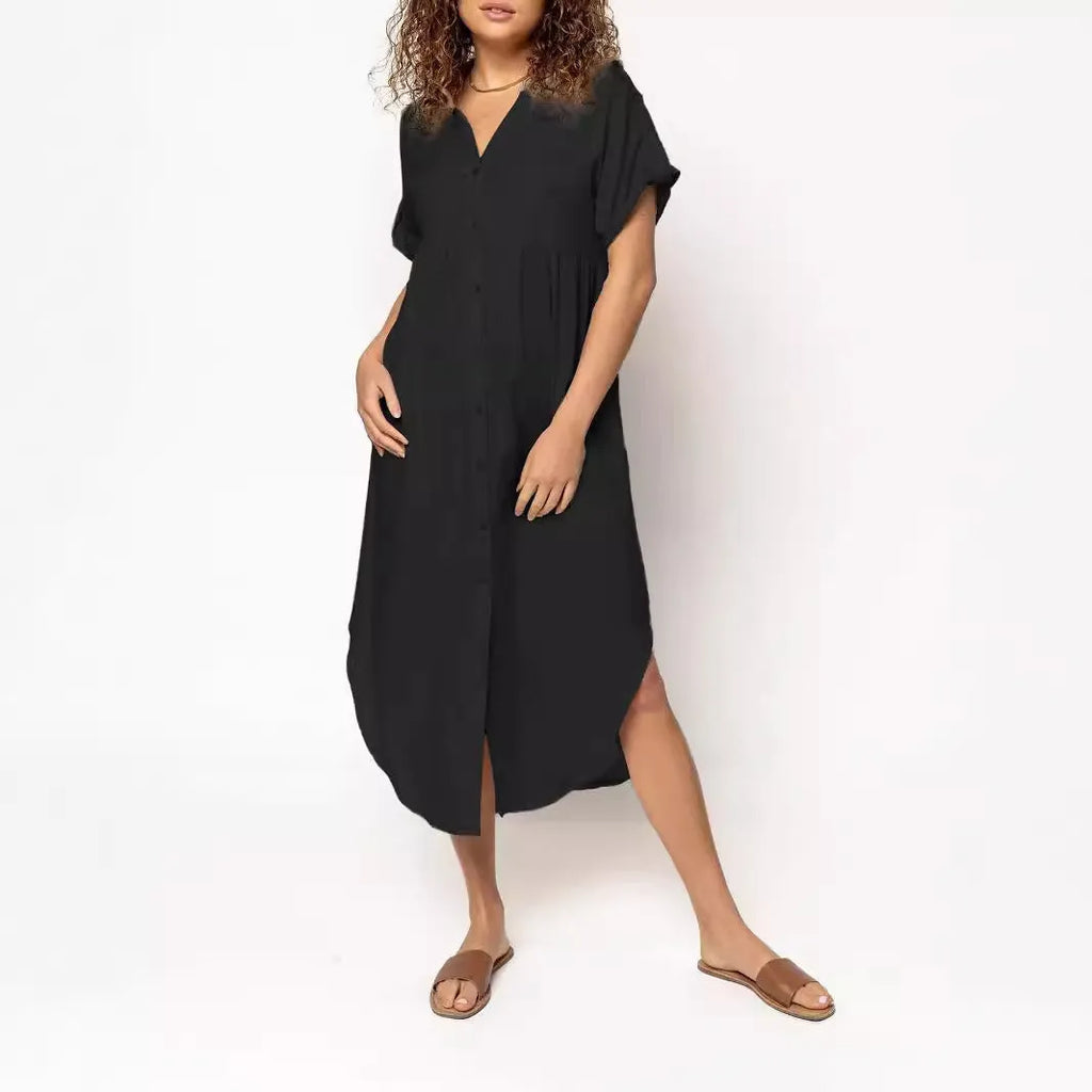 Women's casual button front mid-length dress in solid colour with regular sleeves and loose fit