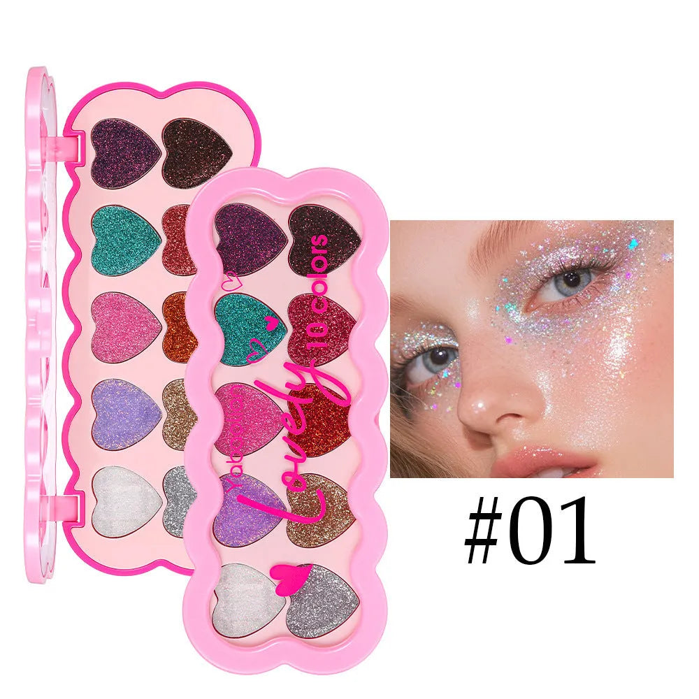 Pearlescent heart shaped ten colour eye shadow palette with sequin finishes for multiple makeup styles