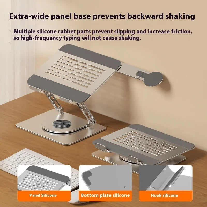 Silver carbon steel laptop stand with a rotating arm and magnetic mobile phone holder.