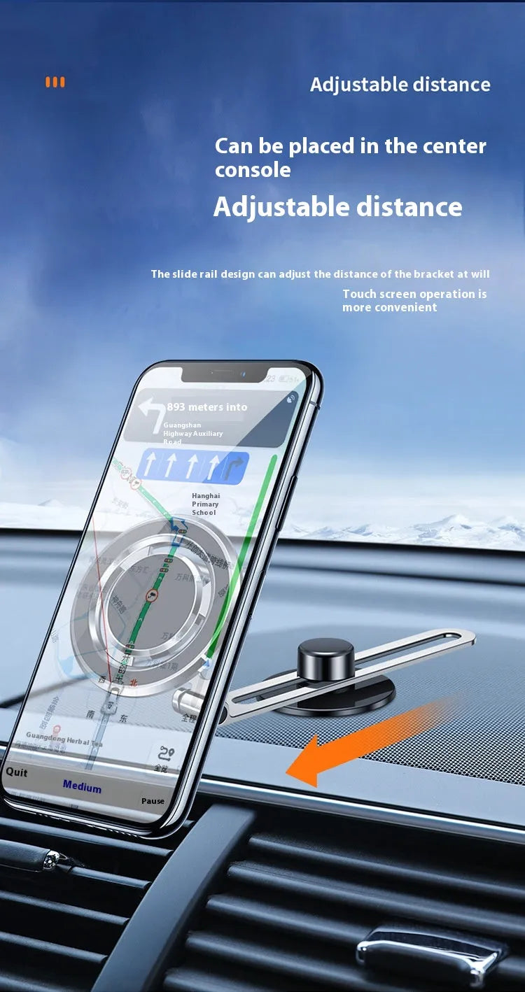 Car F62 stretch magnetic phone bracket in gun colour with adhesive backing mounted on dashboard