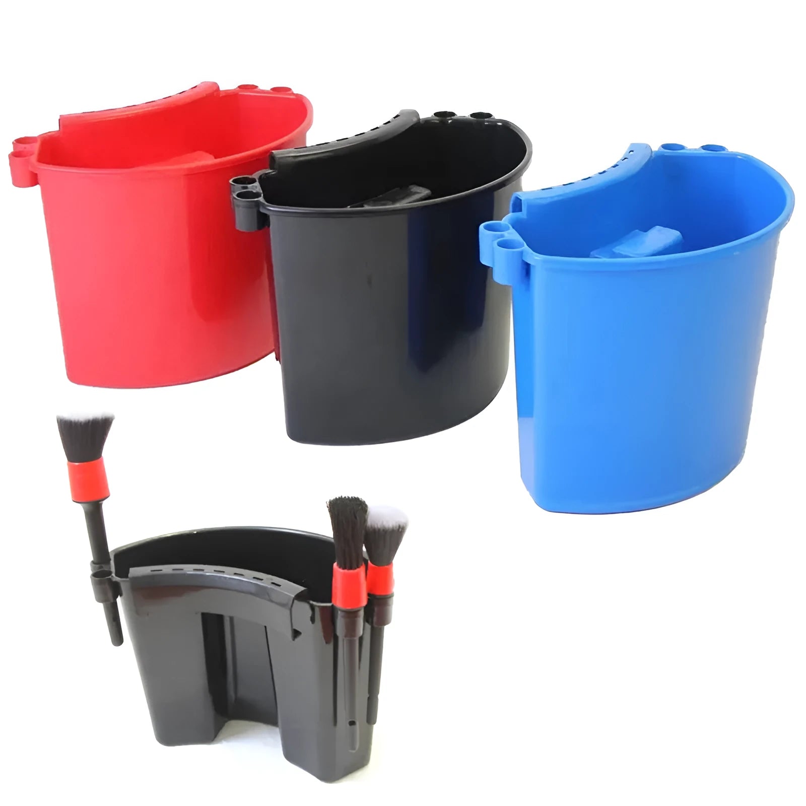 PP plastic car wash bucket in available colours: black, blue, pink and red