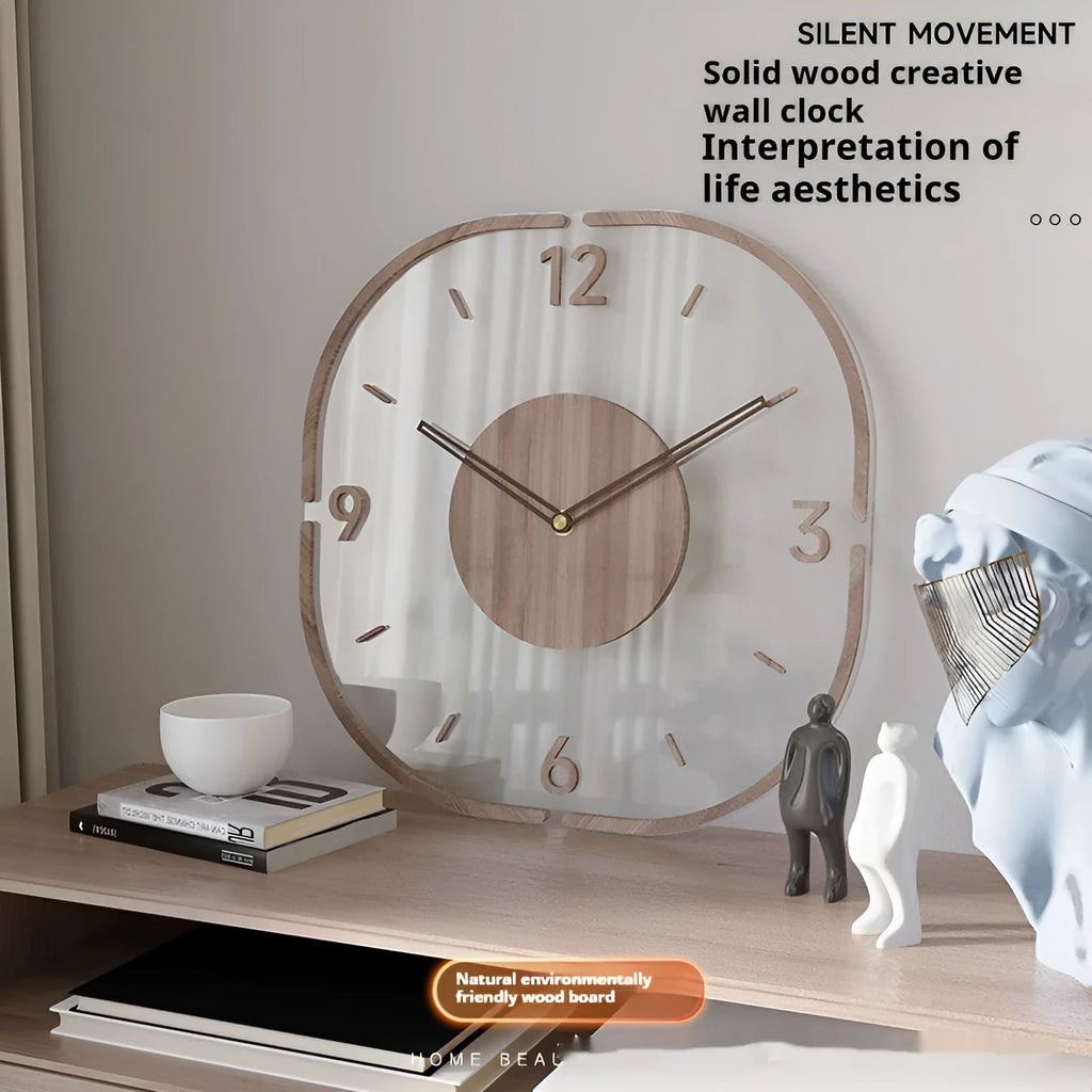 Transparent wooden frame wall clock with clear dial showing modern design, 35cm square size