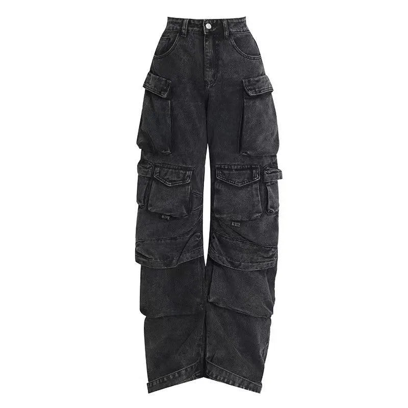 Women's high waist wide leg trousers with multi-pocket street hipster design in tie-dyed blue denim