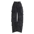 Women's high waist wide leg trousers with multi-pocket street hipster design in tie-dyed blue denim
