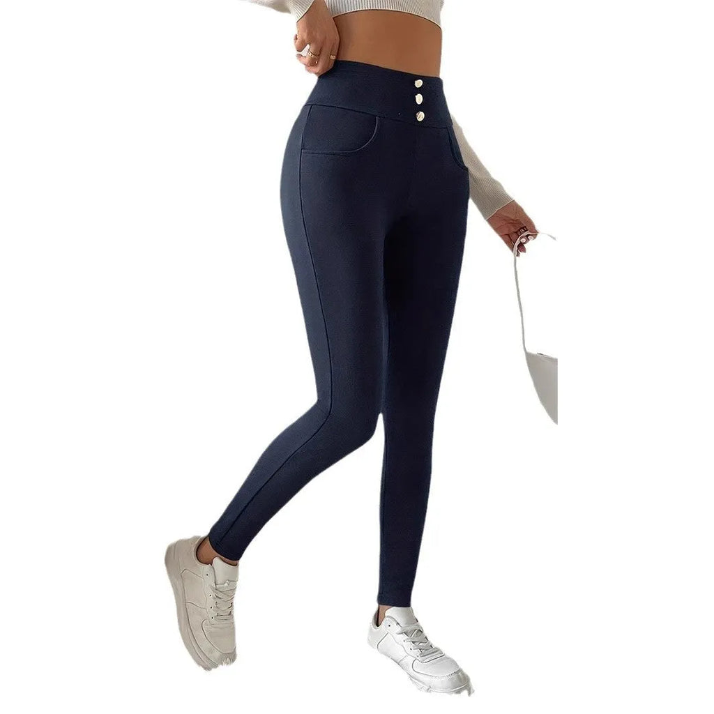 Navy blue women's high-waist straight-leg slim-fit trousers on a white background.