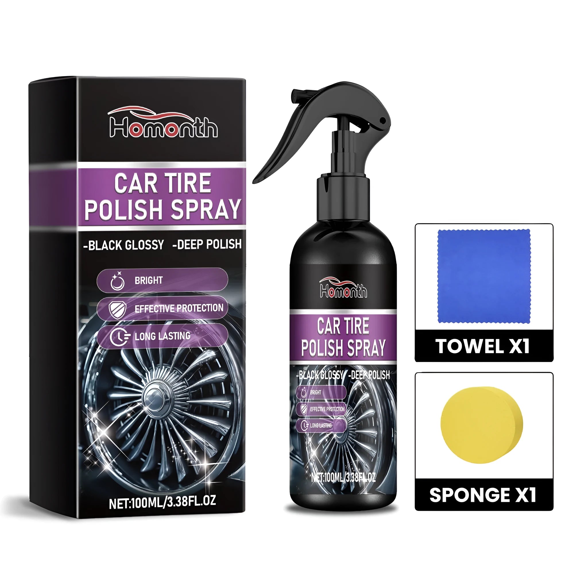 Car tyre polishing agent in 100ml PET bottle with sponge and cloth