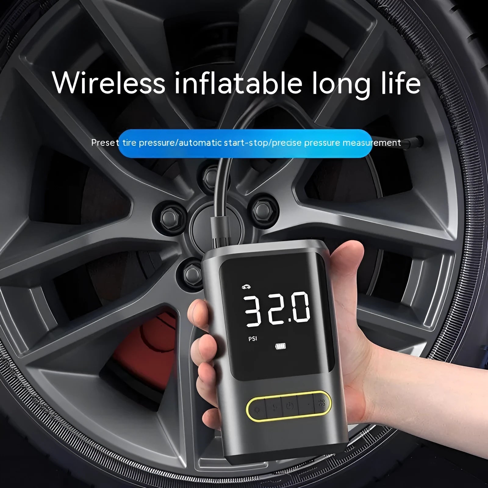 Black handheld digital wireless tyre inflator pump with LED light display on a grey background.