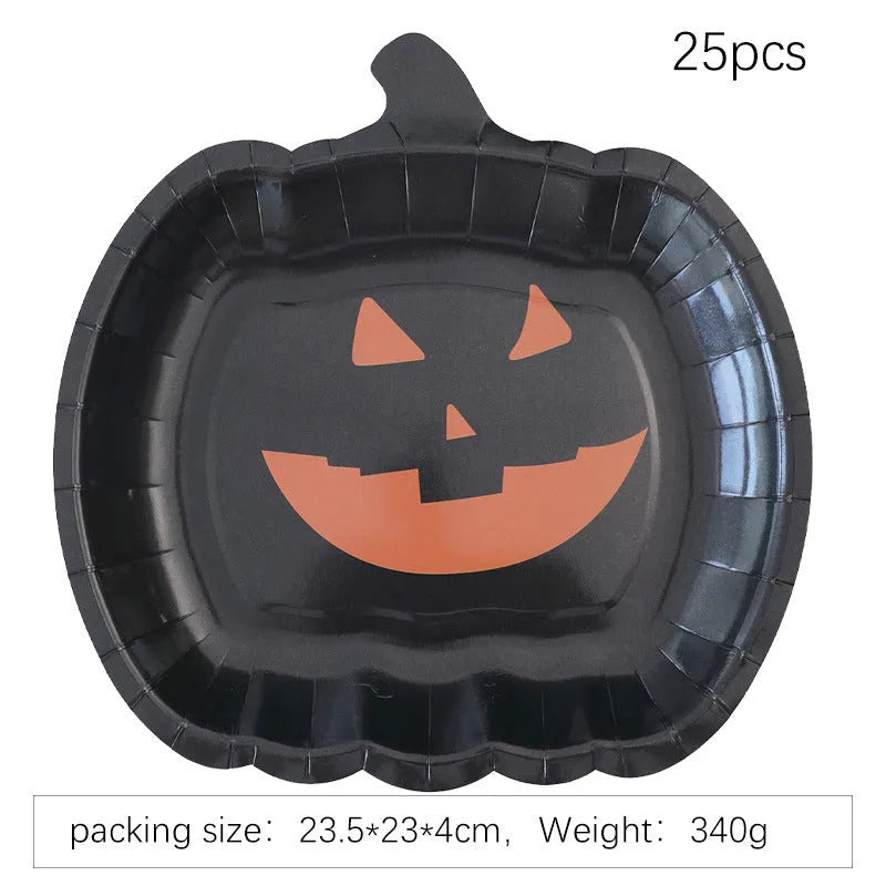 Black pumpkin design disposable paper plates for Halloween parties, 9-inch diameter
