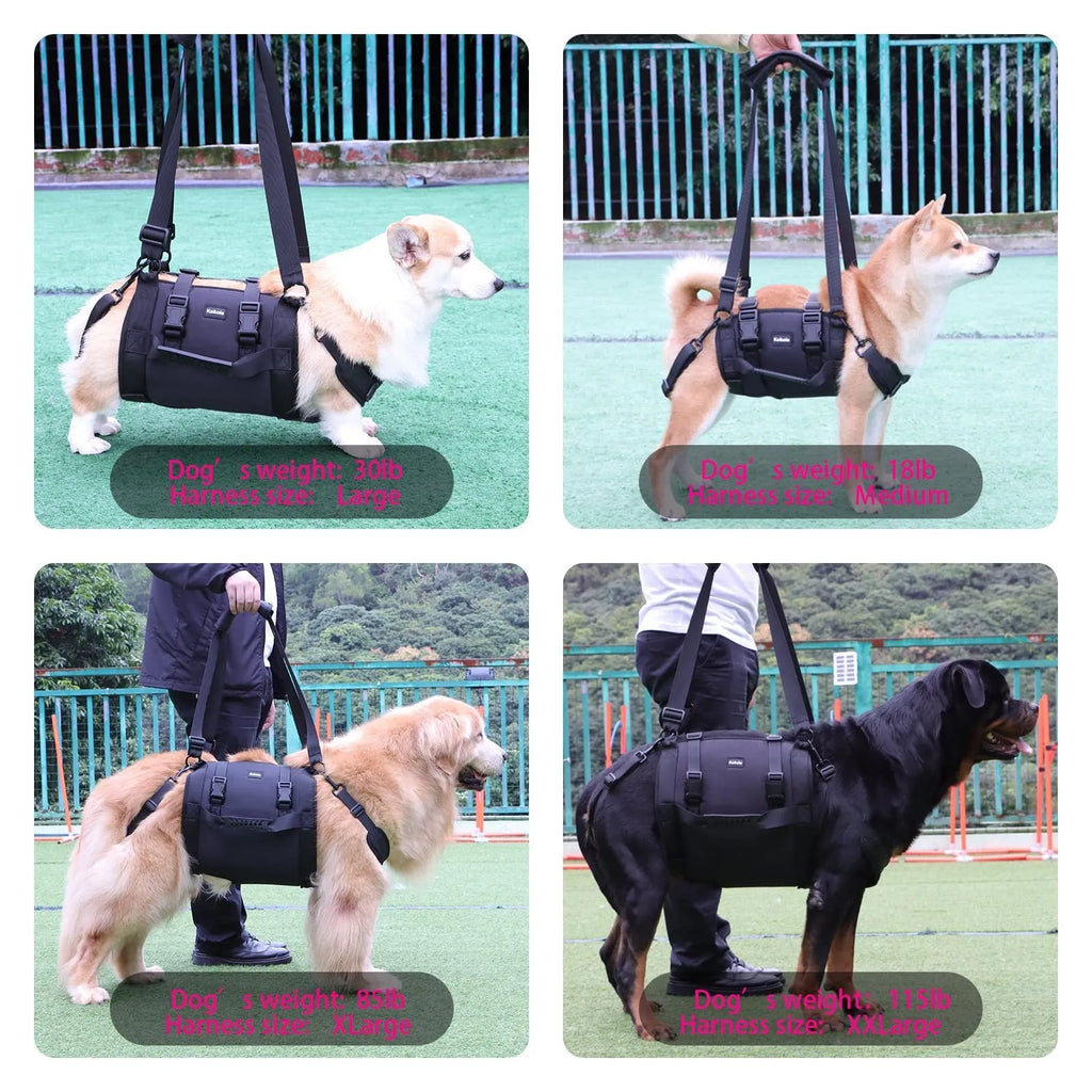 Black Oxford cloth dog rehabilitation harness with adjustable leg support straps
