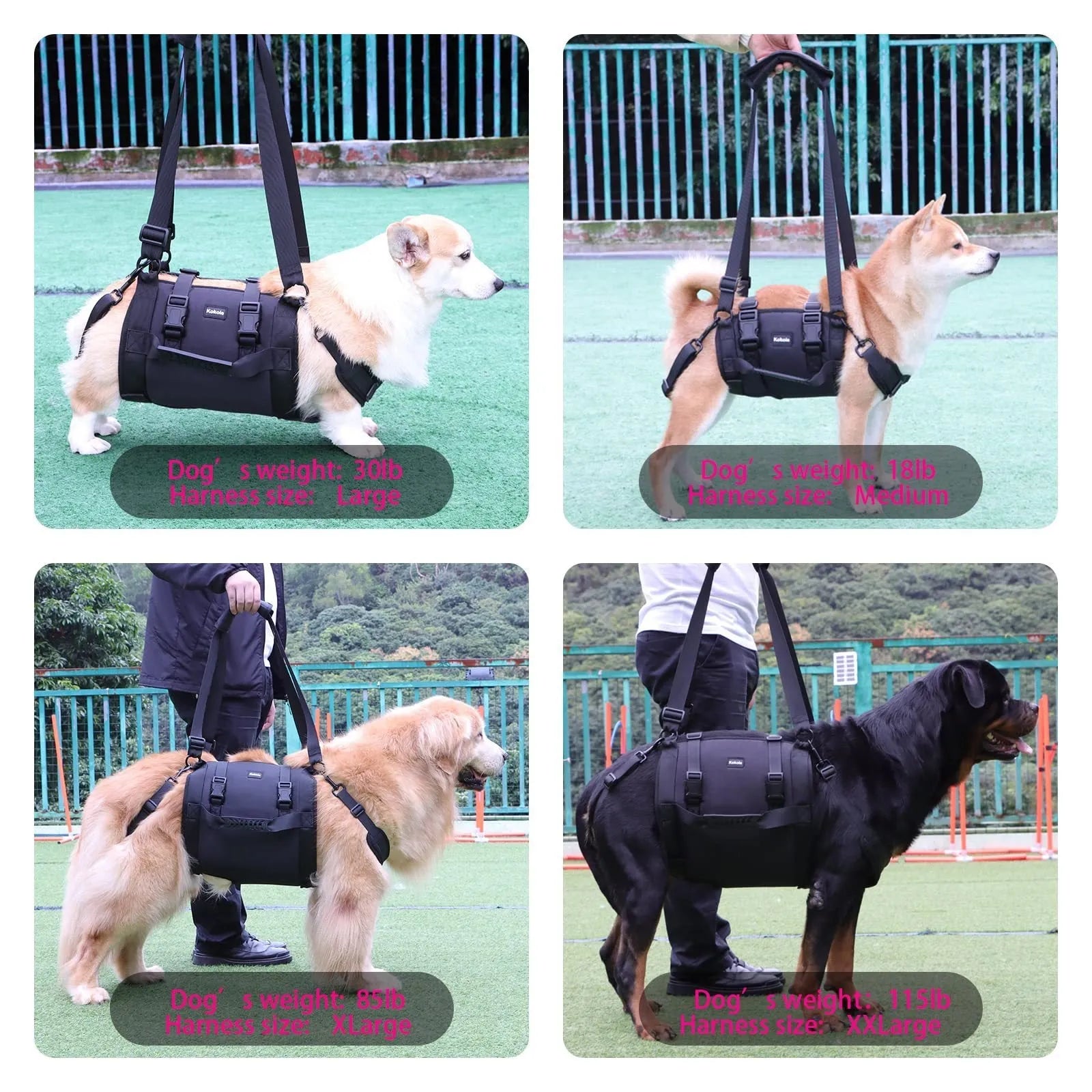 Black Oxford cloth dog rehabilitation harness with adjustable leg support straps